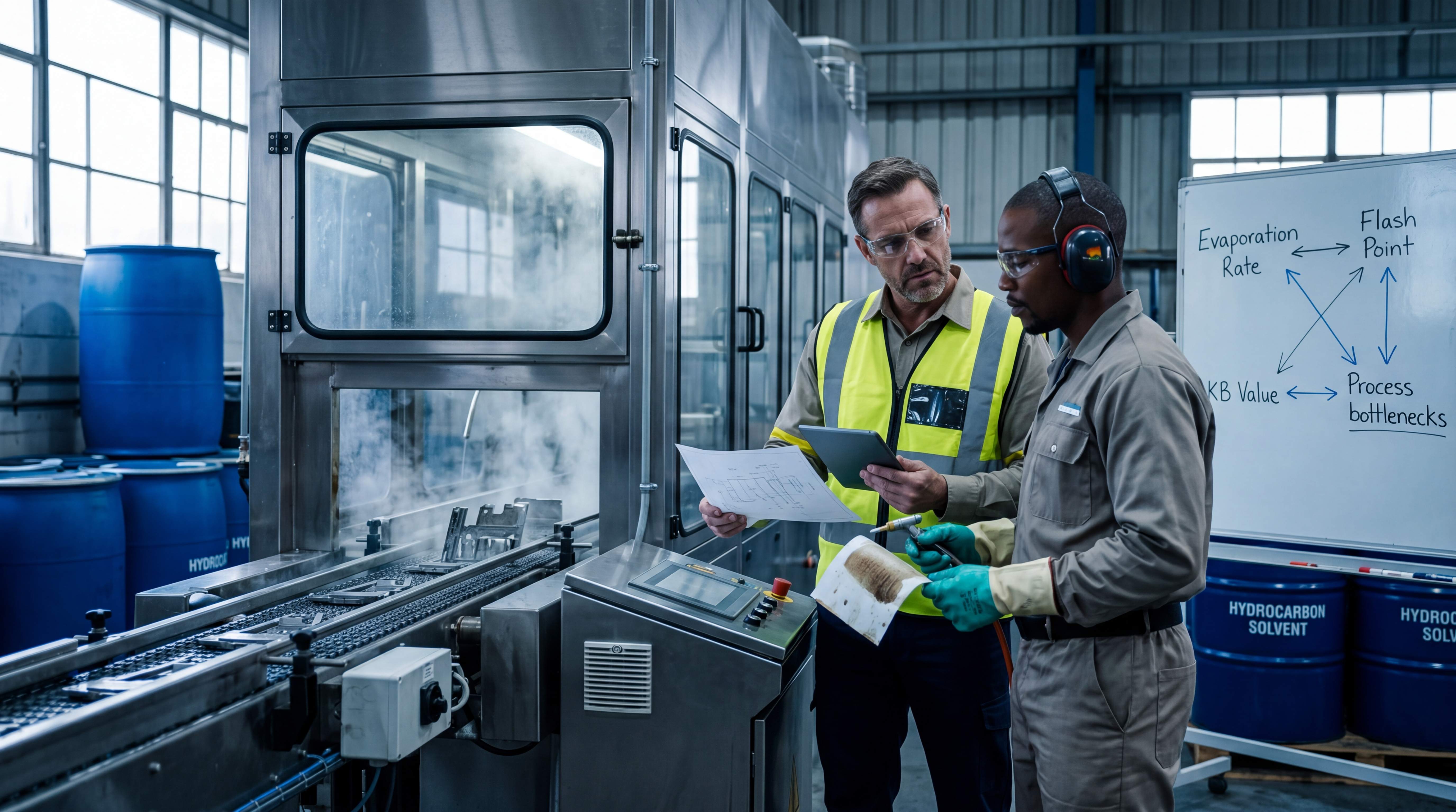 Engineers assessing evaporation rate and flash point effects on hydrocarbon solvent process bottlenecks in an industrial cleaning line